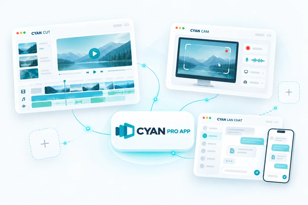 CYAN apps — CYAN CUT, CYAN CAM, CYAN LAN CHAT — all connected to one CYAN PRO APP account