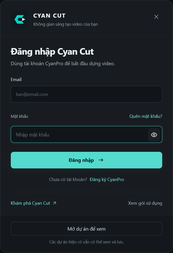 Cyan Cut sign-in, registration and password recovery